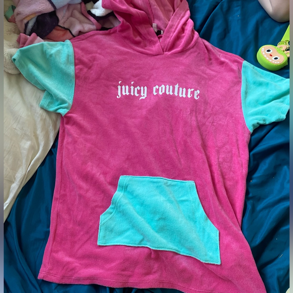 JUICY COUTURE Women’s Multicolor Terry Short Sleeve Hoodie pink blue
